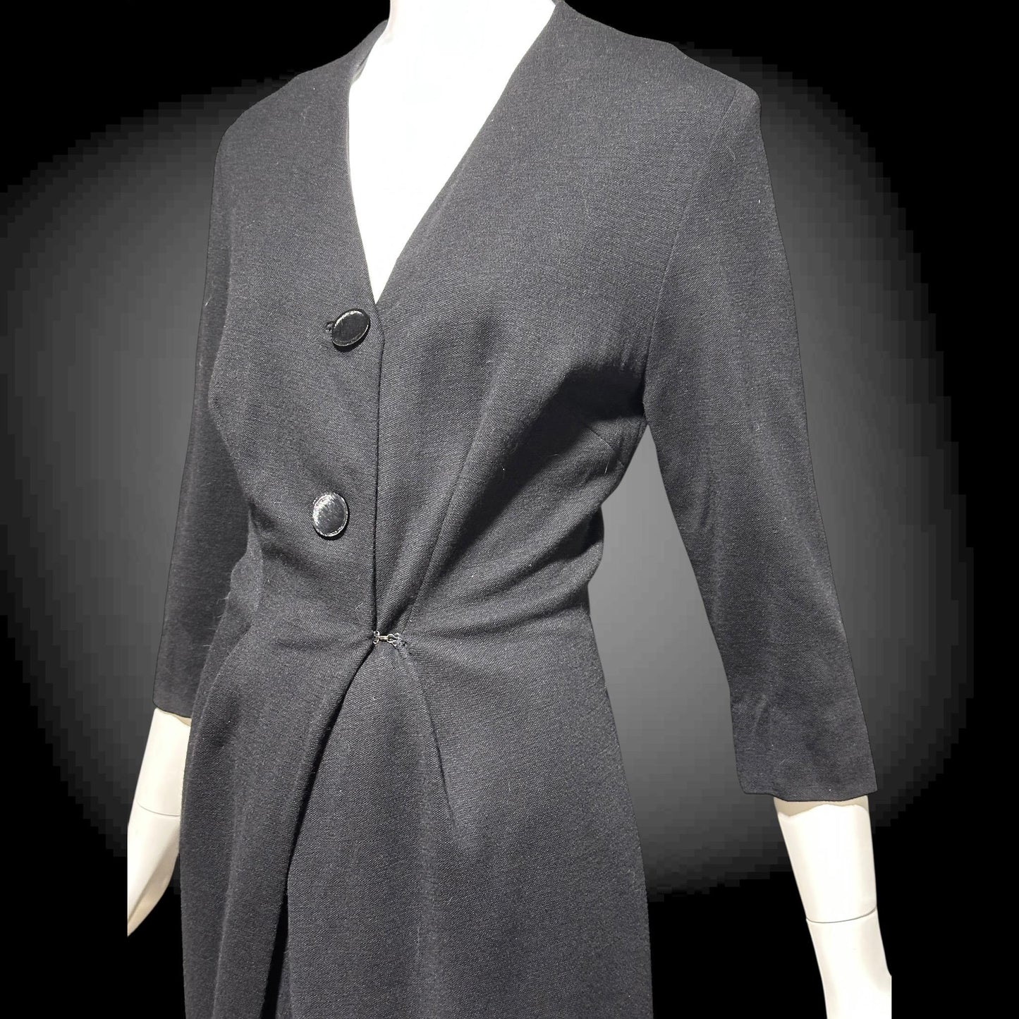 TRICOSA PARIS vintage 1950s coat dress, black knit bombshell wiggle dress, button front