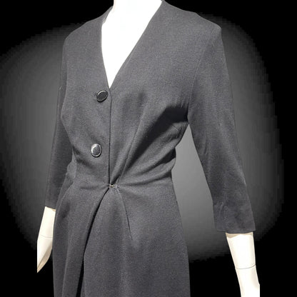 TRICOSA PARIS vintage 1950s coat dress, black knit bombshell wiggle dress, button front