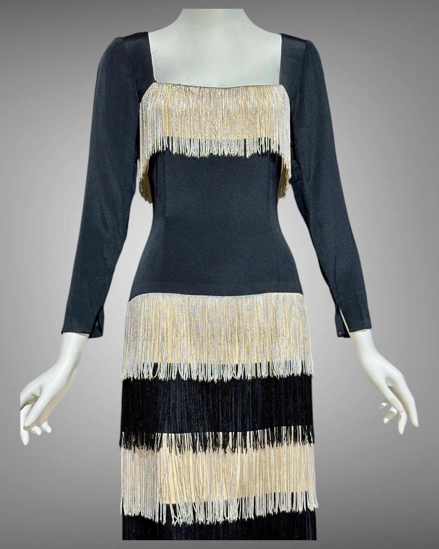 TRAVILLA vintage evening cocktail dress, 1960s black white fringed mod party dress