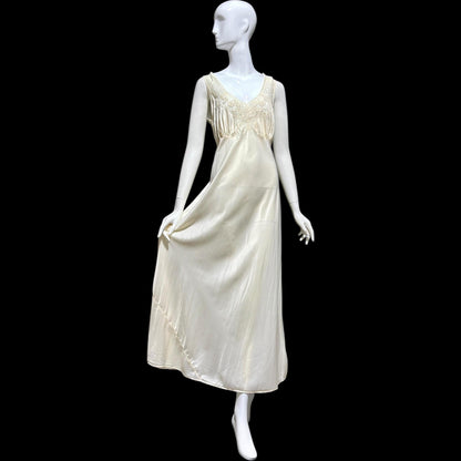LAURA LANE Vintage Nightgown slip dress, 1940s pearly white satin Lingerie Dress, Medium