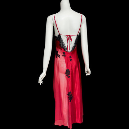 FREDERICK'S Attributed, vintage 1980s Slip Dress, Red and black satin and sheer mesh, lace and sequins, sheath night dress