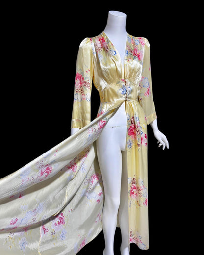 RADCLIFFE vintage 1940s satin dressing gown, yellow and pink floral satin button front housecoat