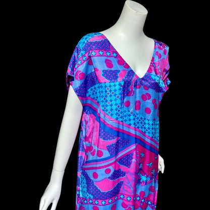 SULTANA by ADINI vintage 1970s caftan dress, blue purple and hot pink op art rayon