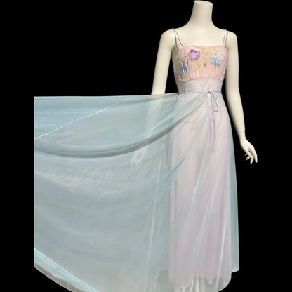 VANITY FAIR, vintage 1950s nightgown slip dress, pastel sorbet sheer chiffon embroidered goddess gown