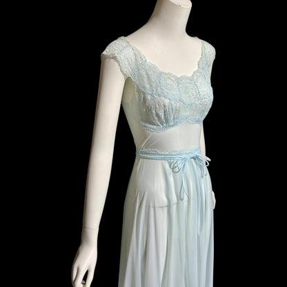 VANITY FAIR, vintage 1950s Nightgown Slip Dress, Sheer Powder Blue Nylon Lace House Dress