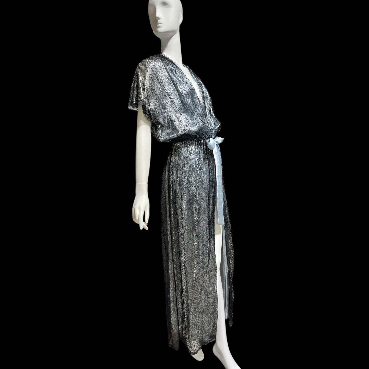 JUVENTA vintage 1930s dressing gown robe, sheer black lace with blue satin peignoir housecoat, Made in France