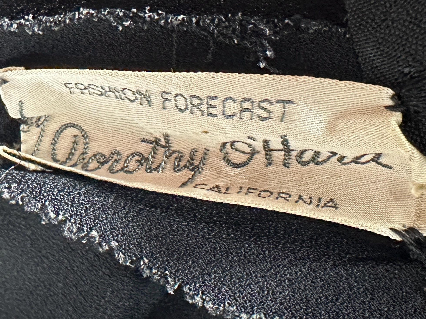 DOROTHY O'HARA vintage 1940s evening dress gown, Black crepe and mesh illusion neckline sheath gown