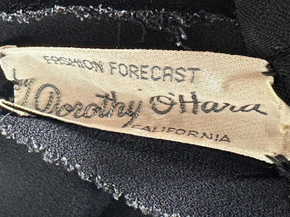 DOROTHY O'HARA vintage 1940s evening dress gown, Black crepe and mesh illusion neckline sheath gown