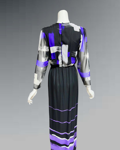 HANAE MORI for MARTHA Palm Beach, vintage 1970s chiffon evening gown, black and purple sheer blouson
