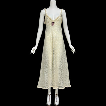 1950s vintage nightgown slip dress, ethereal sheer creamy lace night dress with ruffles