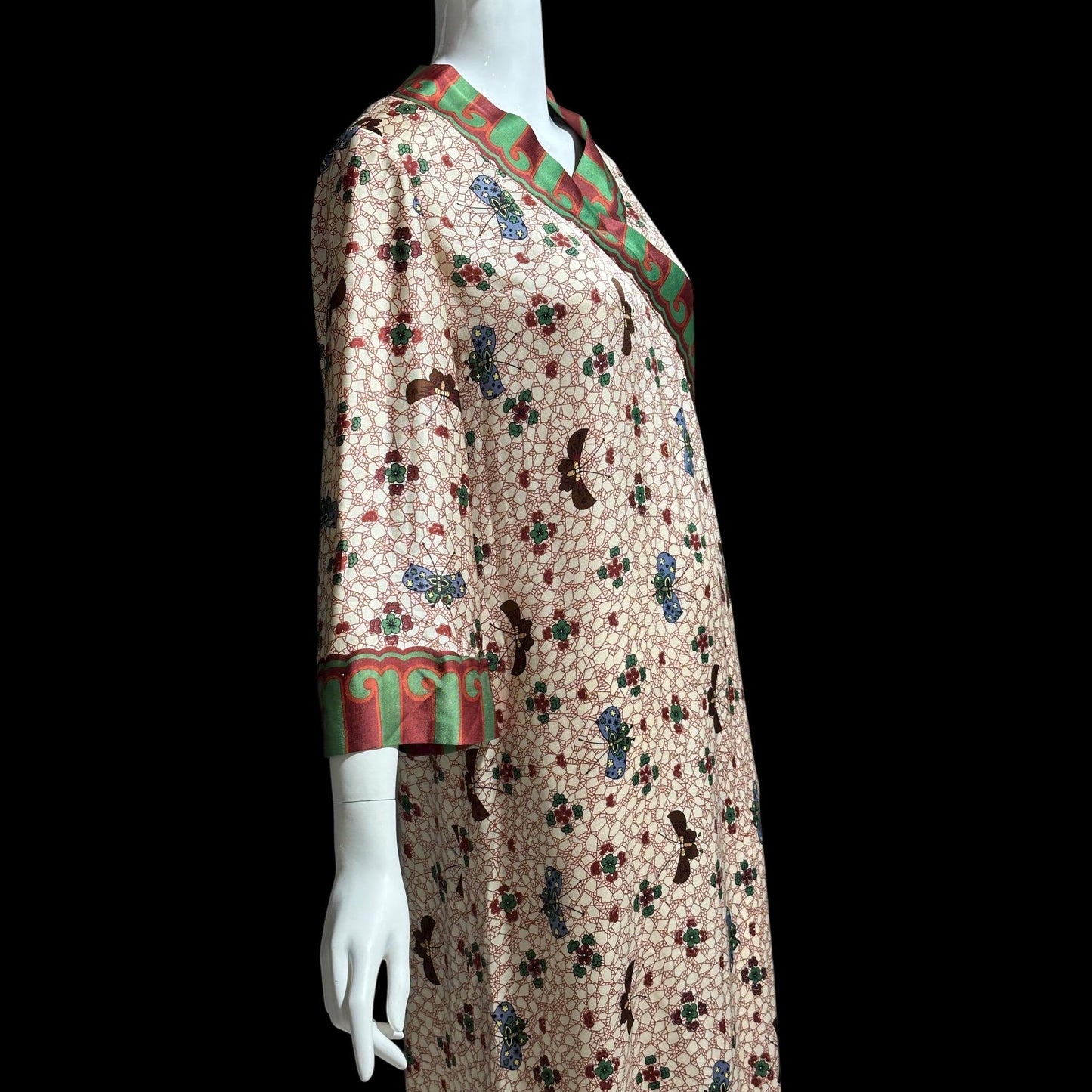 GALITZINE vintage 1960s butterfly print caftan dress, and SAKOWITZ, shift cut gown