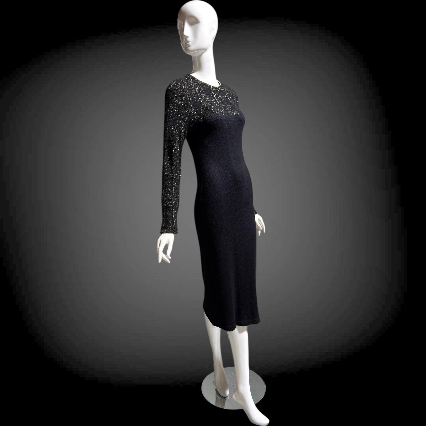MARY MCFADDEN vintage 1970s knit cocktail dress, Black Gold Long Sleeve Office Party dress