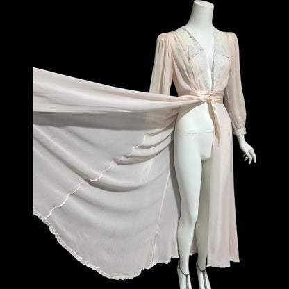 B. ALTMAN, vintage 1940s dressing gown, pink floral and lace sheer house coat robe
