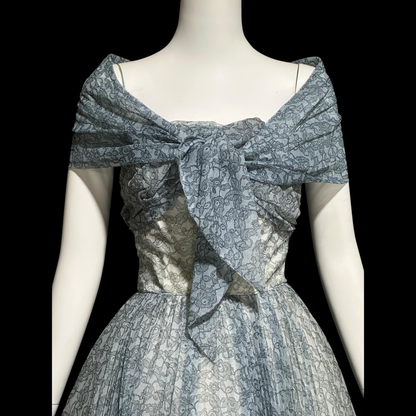 1950s vintage Pleated Party Dress: Slate Blue Grey floral strapless Cocktail Prom Dress