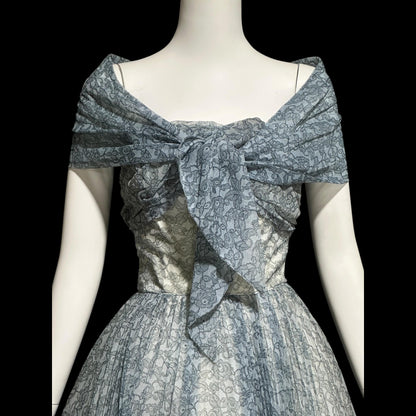 1950s vintage Pleated Party Dress: Slate Blue Grey floral strapless Cocktail Prom Dress