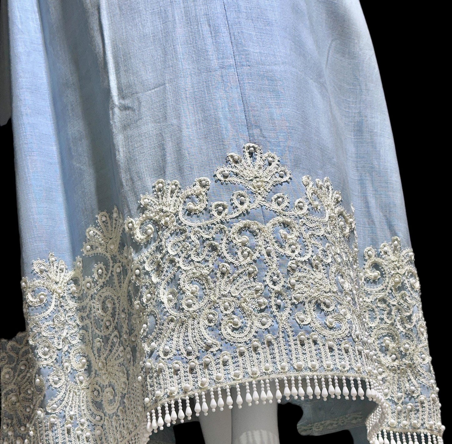 REBECCA vintage linen caftan evening dress, BONWIT TELLER 1960s heavily beaded soutache blue cruise cocktail gown