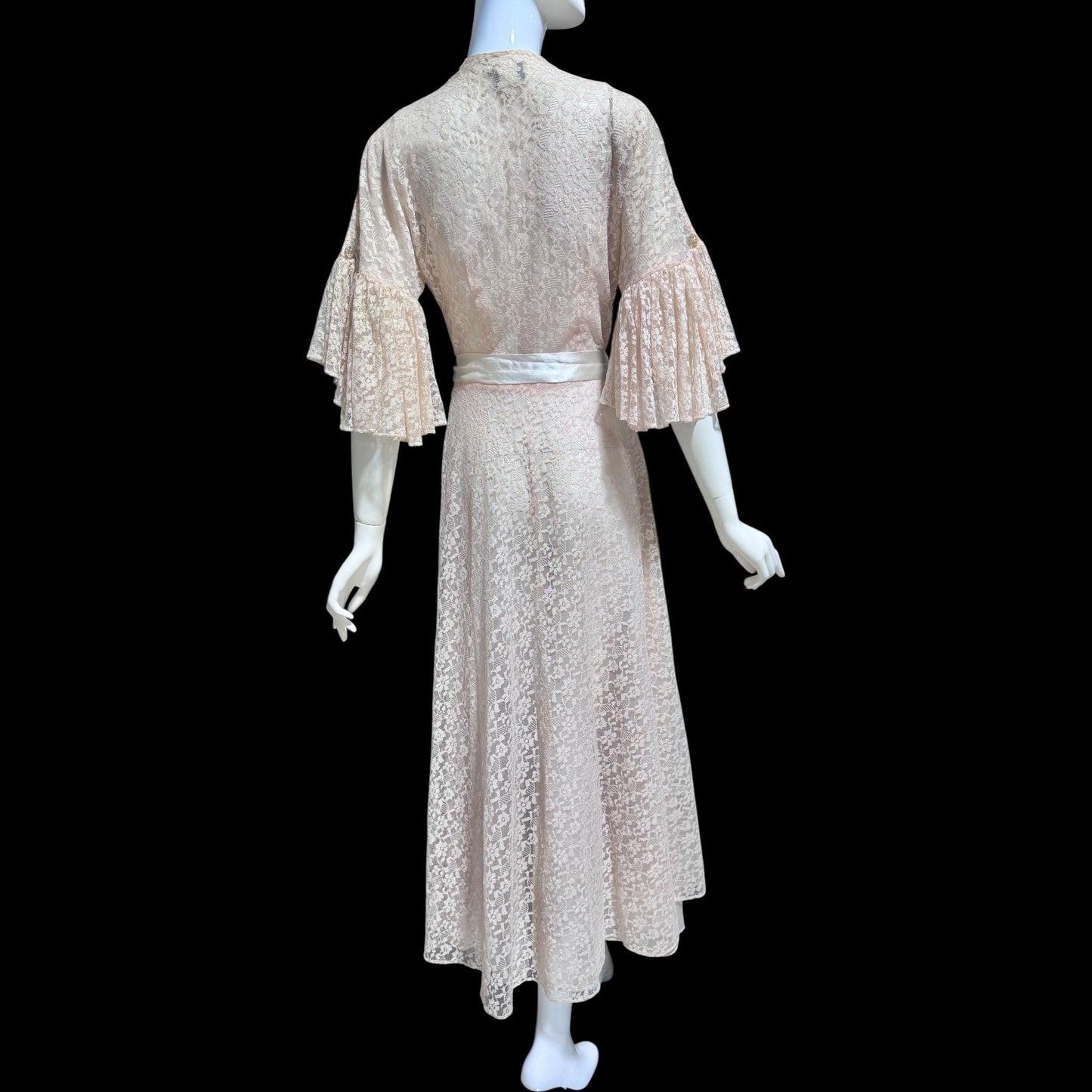 FLOBERT Vintage 1940s dressing gown robe, dusty pink sheer nylon lace wrap front full sweep housecoat hostess dress