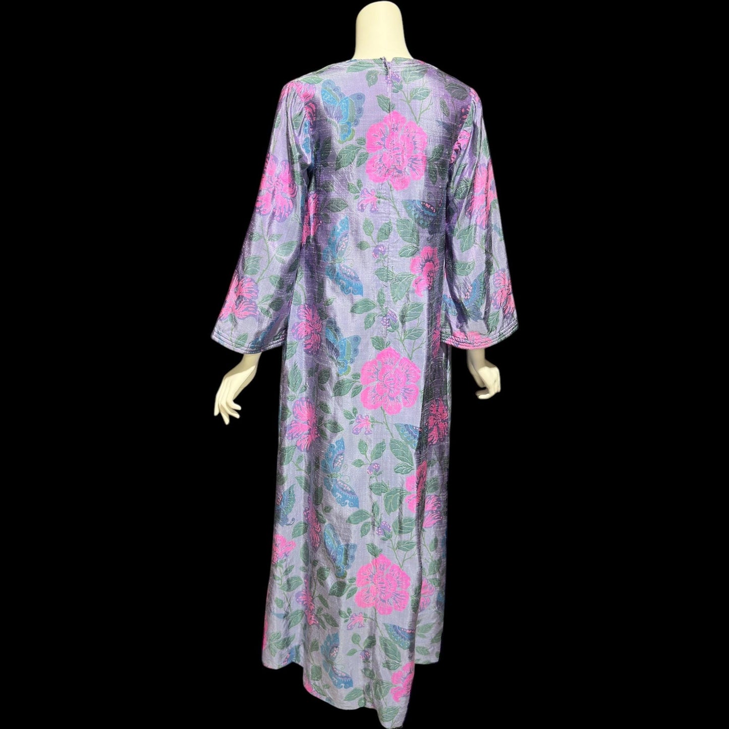 JIM THOMPSON, vintage 1960s Thai Silk caftan maxi dress, dusty blue flowers butterflies Hippie Boho Kaftan