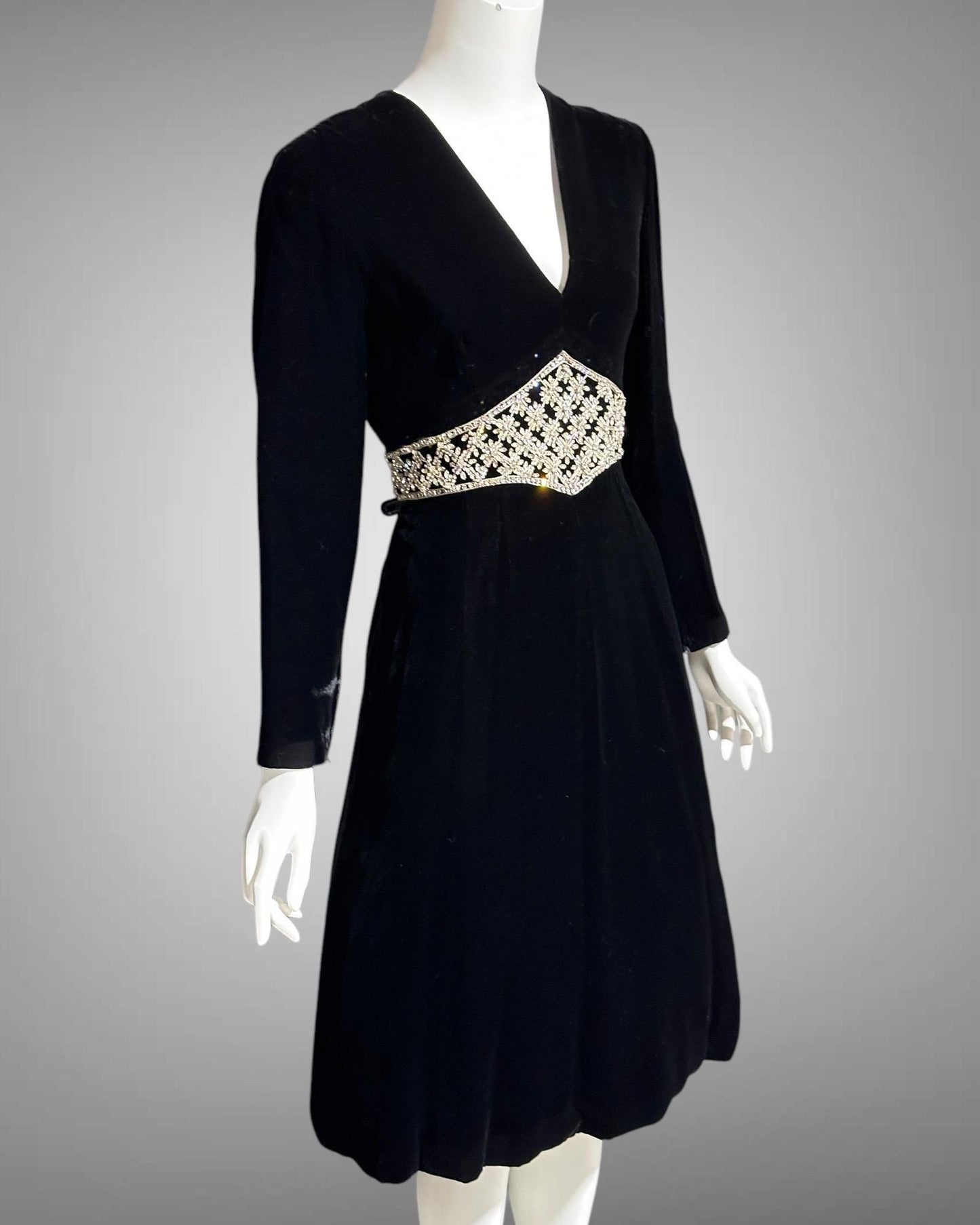 MOLLIE PARNIS for SAKS black velvet cocktail dress, 1960s Rhinestone encrusted waist