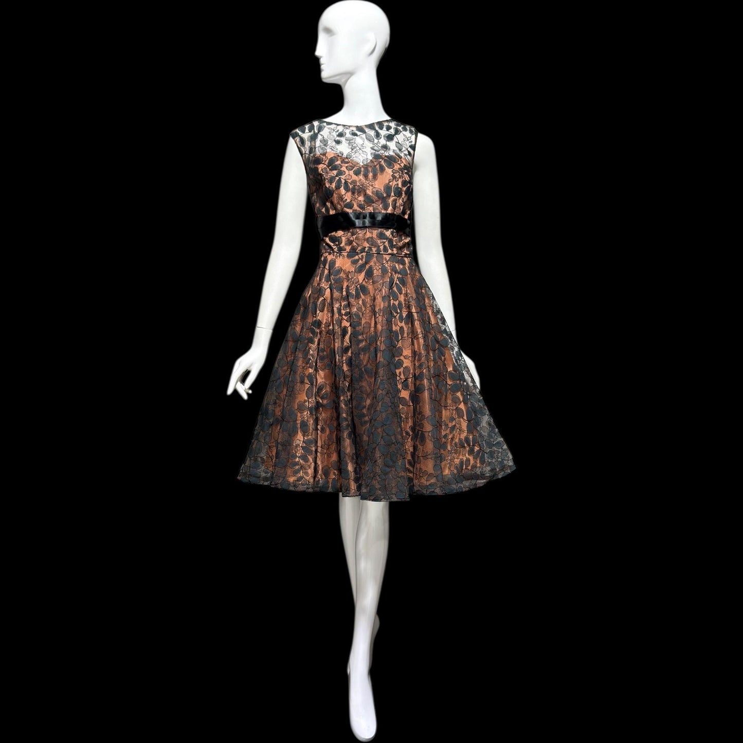 1950s vintage evening party dress, black lace fit flare cocktail dress, Medium