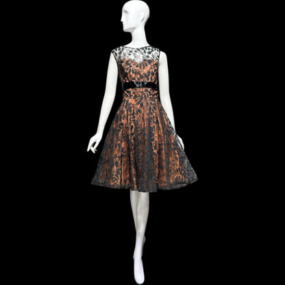 1950s vintage evening party dress, black lace fit flare cocktail dress, Medium