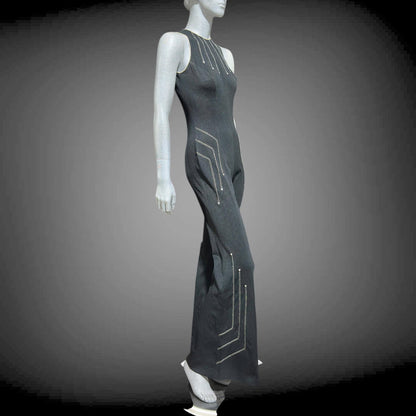 ESTIVO vintage 1970s bell bottom jumpsuit, black poly knit disco jumpsuit, embroidery & rhinestones