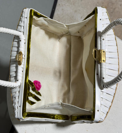 1950s vintage handbag purse, White straw with 3D velvet roses top handle basket purse