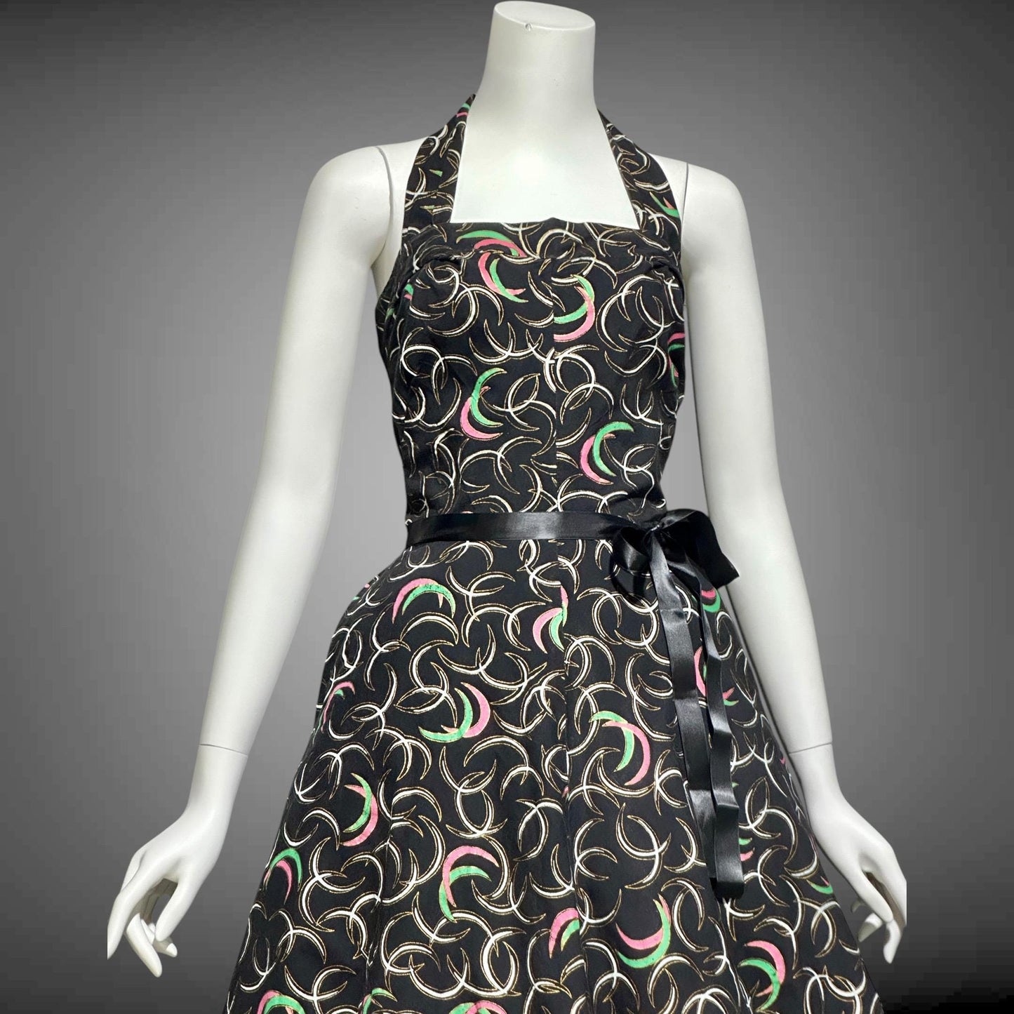 1950s vintage day dress, Shelf bust Halter Sundress, Black and pink cotton pinup dress