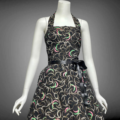 1950s vintage day dress, Shelf bust Halter Sundress, Black and pink cotton pinup dress