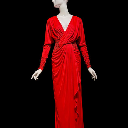 TADASHI Vintage evening dress gown, 1980s glam red sequin sarong gown