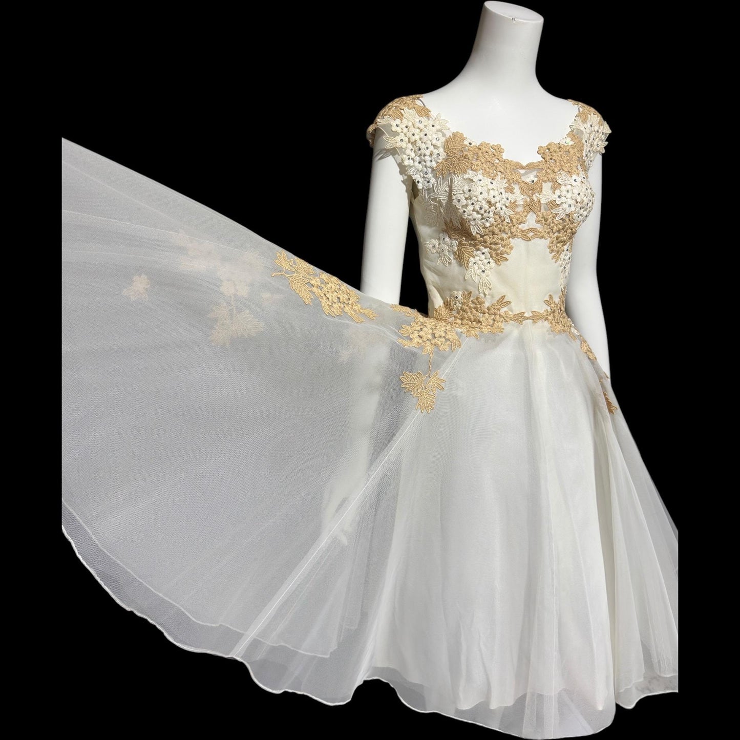 PEGGY HUNT, vintage 1950s dress, white and ecru lace rhinestones fit and flare cocktail party formal wedding dress, 34 bust