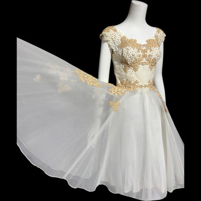 PEGGY HUNT, vintage 1950s dress, white and ecru lace rhinestones fit and flare cocktail party formal wedding dress, 34 bust