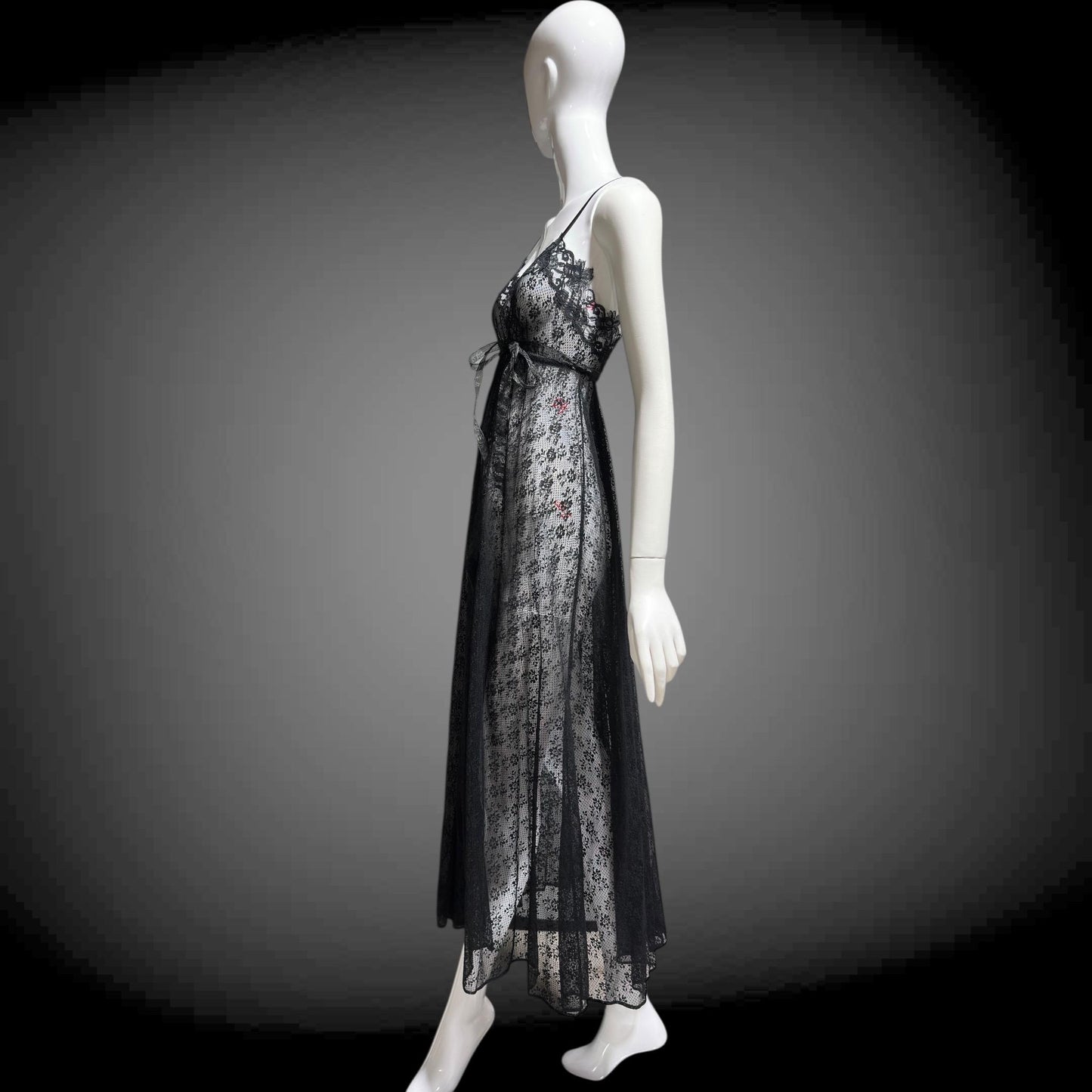 GLYDON'S vintage nightgown slip dress, Hollywood 1960s sheer black lace full length lingerie dress