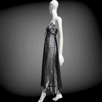 GLYDON'S vintage nightgown slip dress, Hollywood 1960s sheer black lace full length lingerie dress