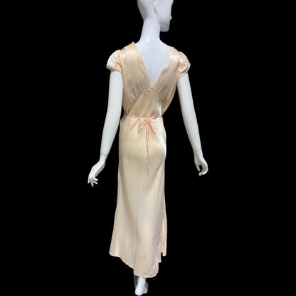 Femicraft vintage 1930s Rayon Slip Dress: Bias Cut Shiny Pale Peach Nightgown, Lace Trim