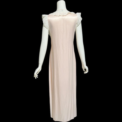 GODFRIED, vintage 1940s nightgown, Pink Bur-mil Rayon with white eyelet lace and waterfall back