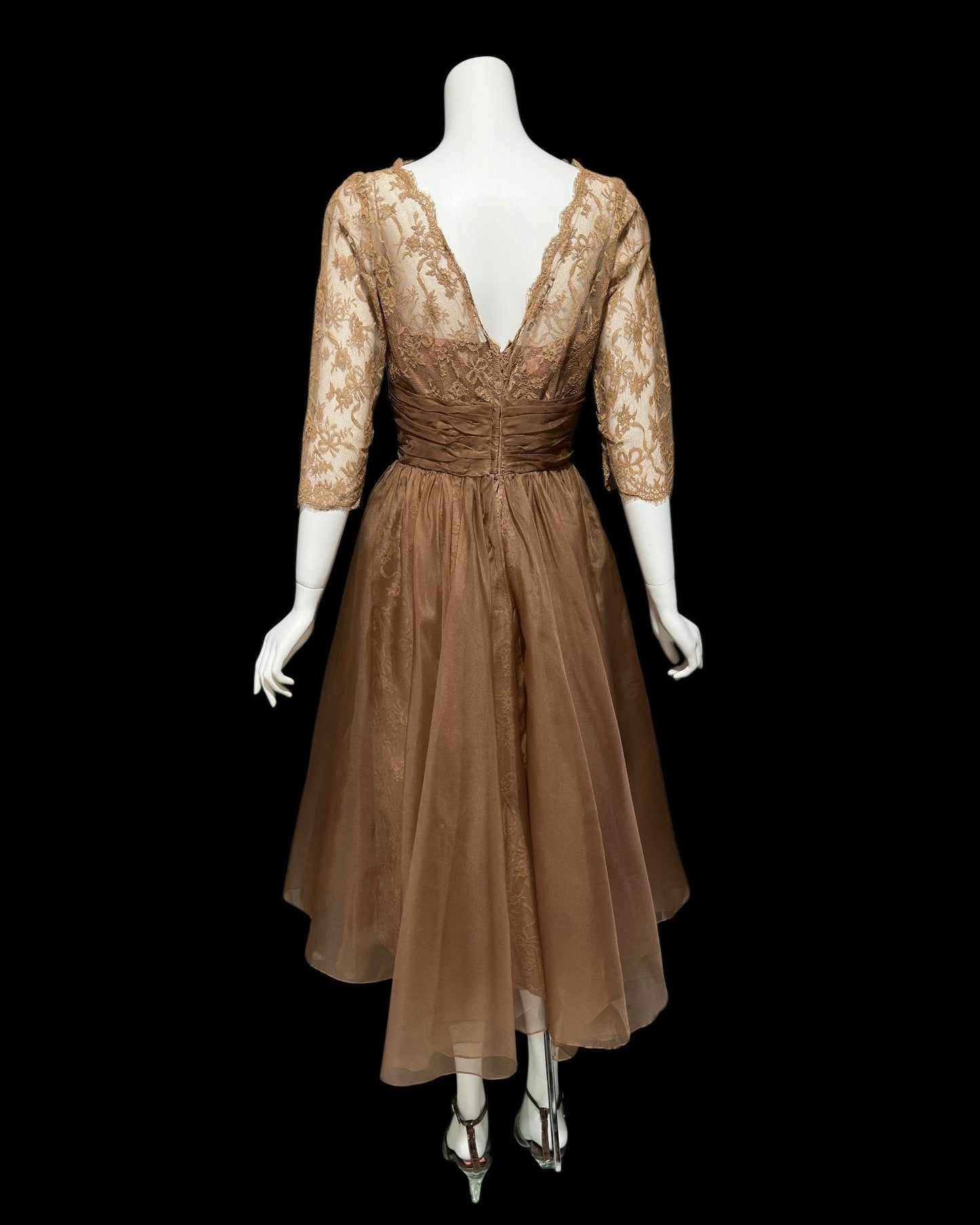 CLIFTON WILHITE vintage 1950s dress, Mocha Mousse lace organza evening cocktail party dress