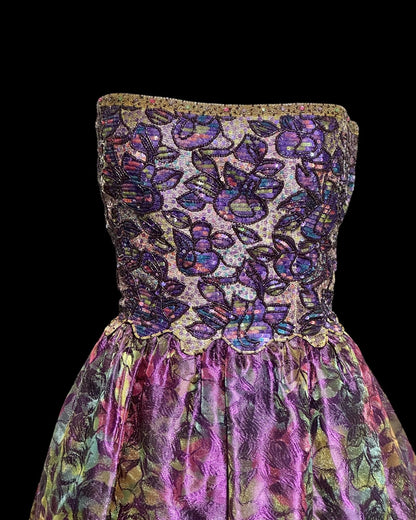MARY MCFADDEN COUTURE, vintage 1980s evening dress, Saks Fifth Avenue Purple beaded floral ball gown