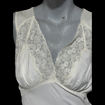 1930s vintage Nightgown slip dress, White rayon and lace bias cut night dress, full length with side snaps