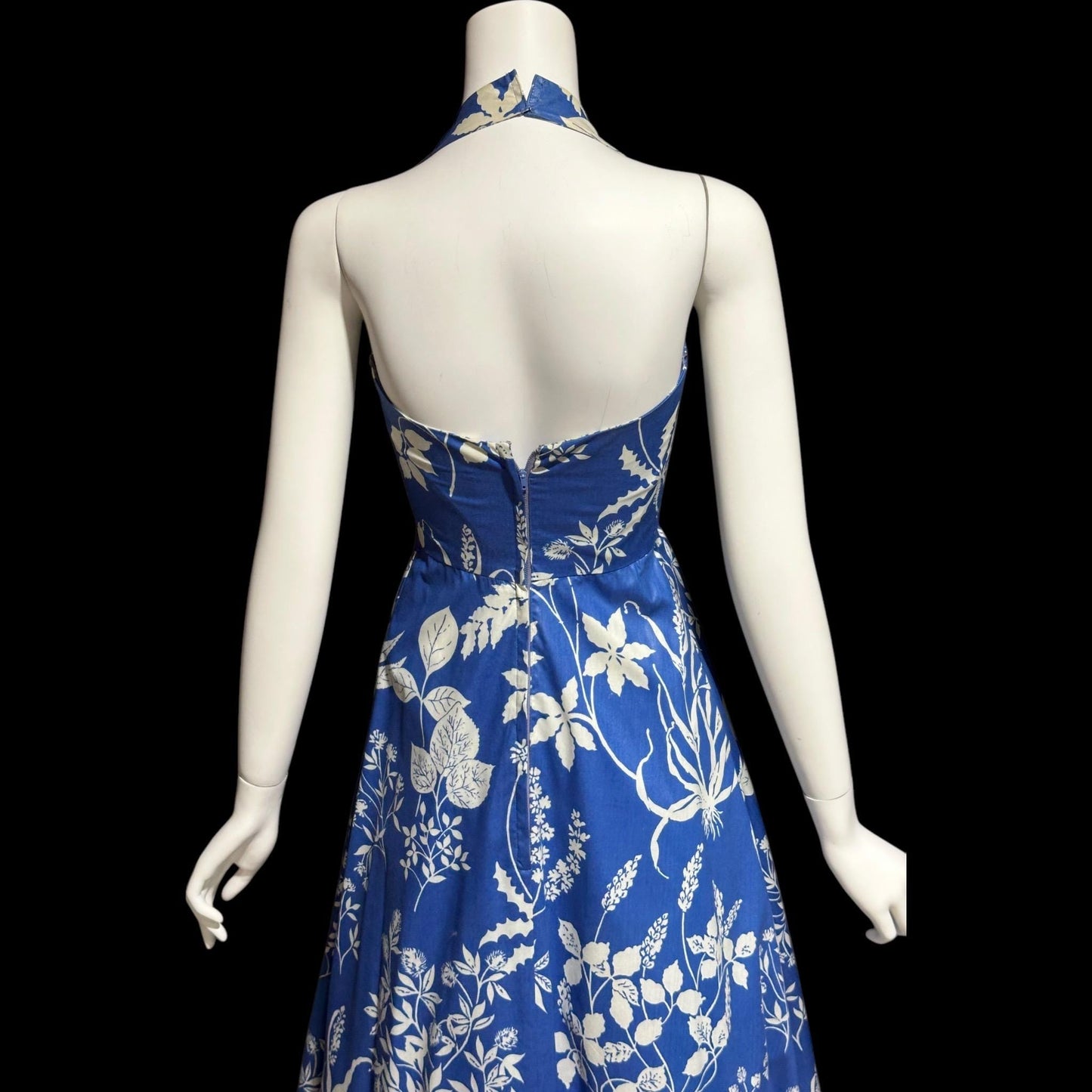 1960s vintage floral maxi dress, Blue white boho hippie halter full ruffle dress, polished cotton summer party sundress