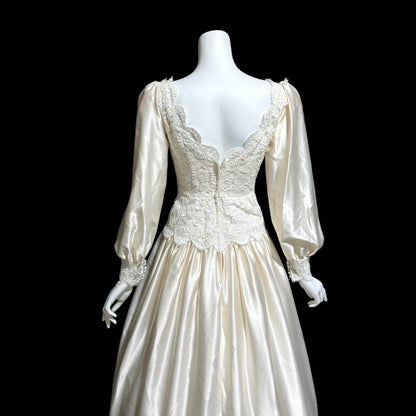 HOUSE of BIANCHI, vintage 1970s wedding dress, romantic boho white silk satin poet sleeve bridal gown