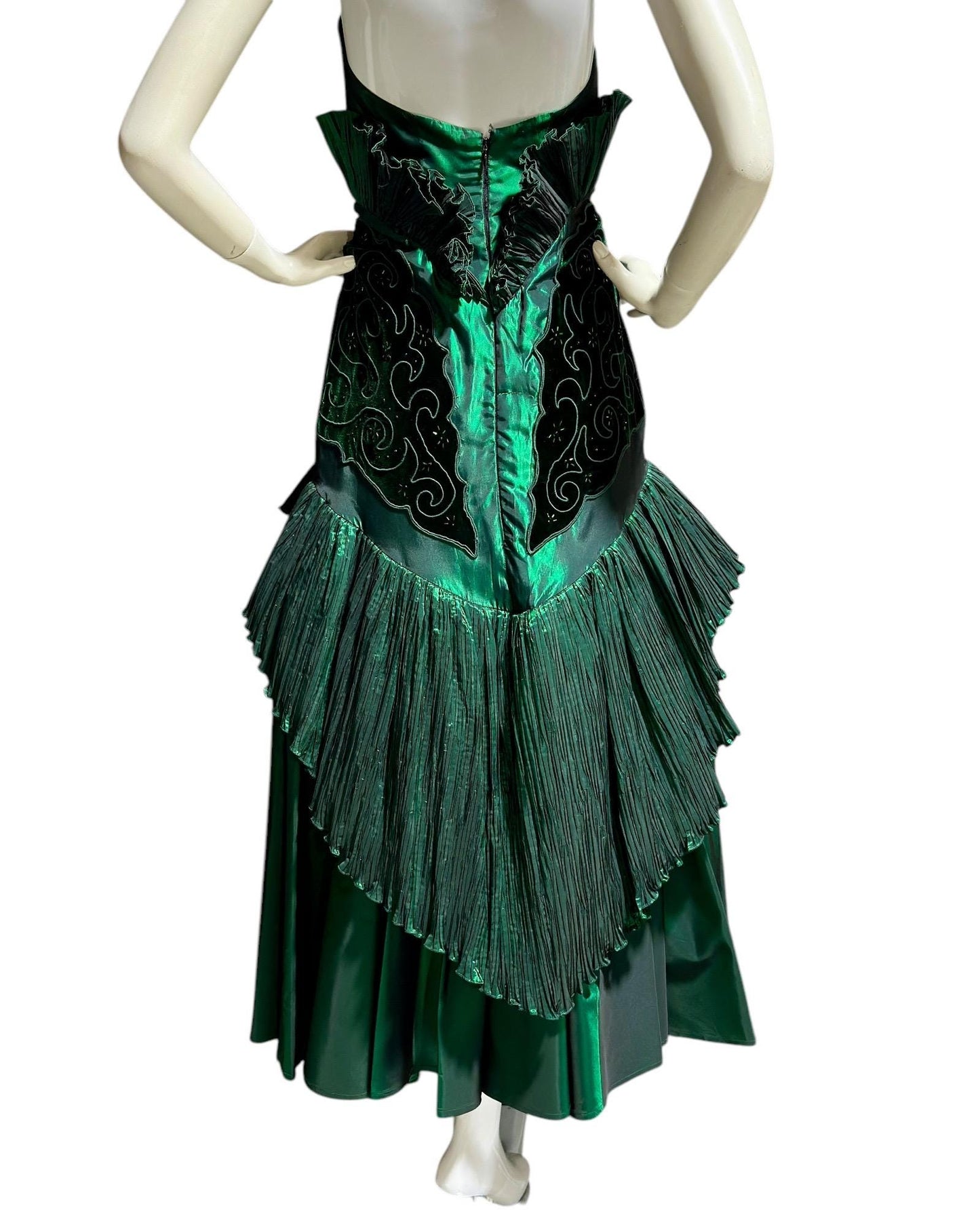 BLUME, vintage 1980s prom dress, Forest Green satin and ruffles, strapless cocktail party dress