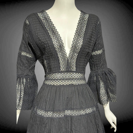 1970s vintage Mexican Wedding dress, Black cotton blend Deep V ball gown, long bell Sleeves, Maxi Hippie Bohemian gown