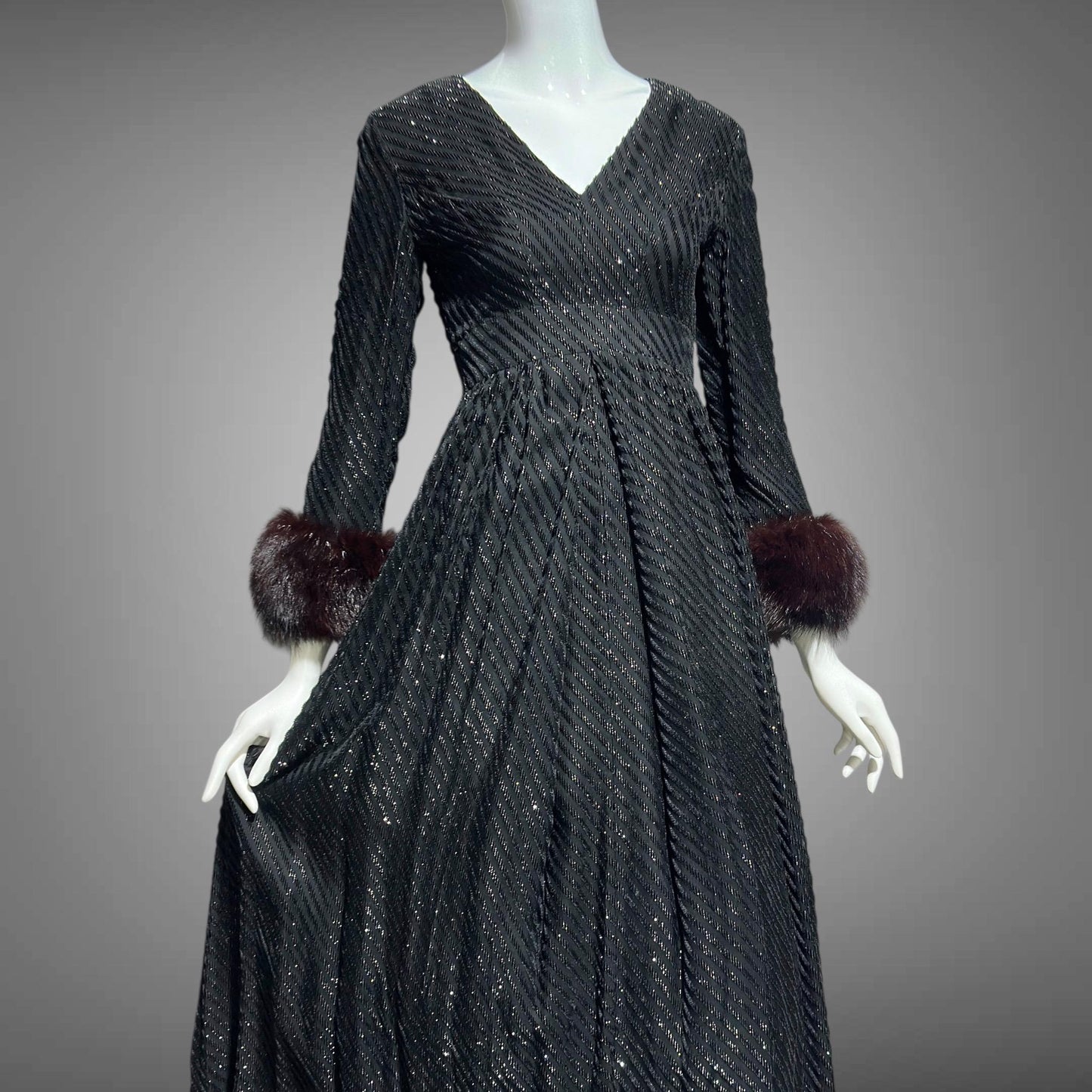 LILLIE RUBIN Vintage 1970s evening gown, Black eye lash Sparkly Gown with Fur Cuffs