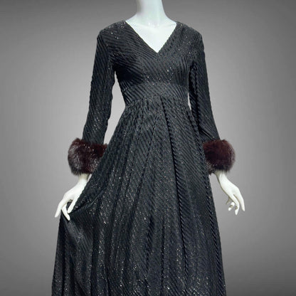 LILLIE RUBIN Vintage 1970s evening gown, Black eye lash Sparkly Gown with Fur Cuffs