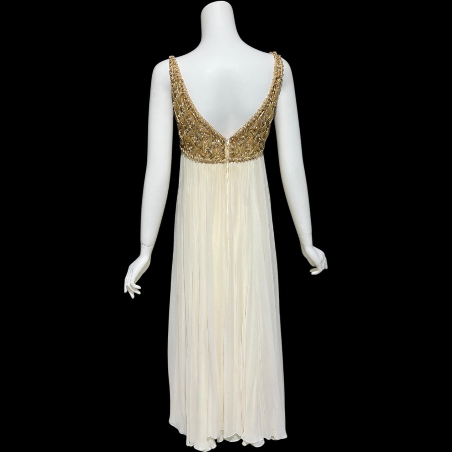 TOWN & COUNTRY vintage 1960s evening dress, white chiffon gold beads sequins wedding bridal gown