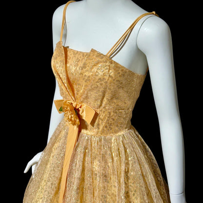 1950s vintage party dress, Peachy Copper sparkly metallic net tulle cocktail evening dress