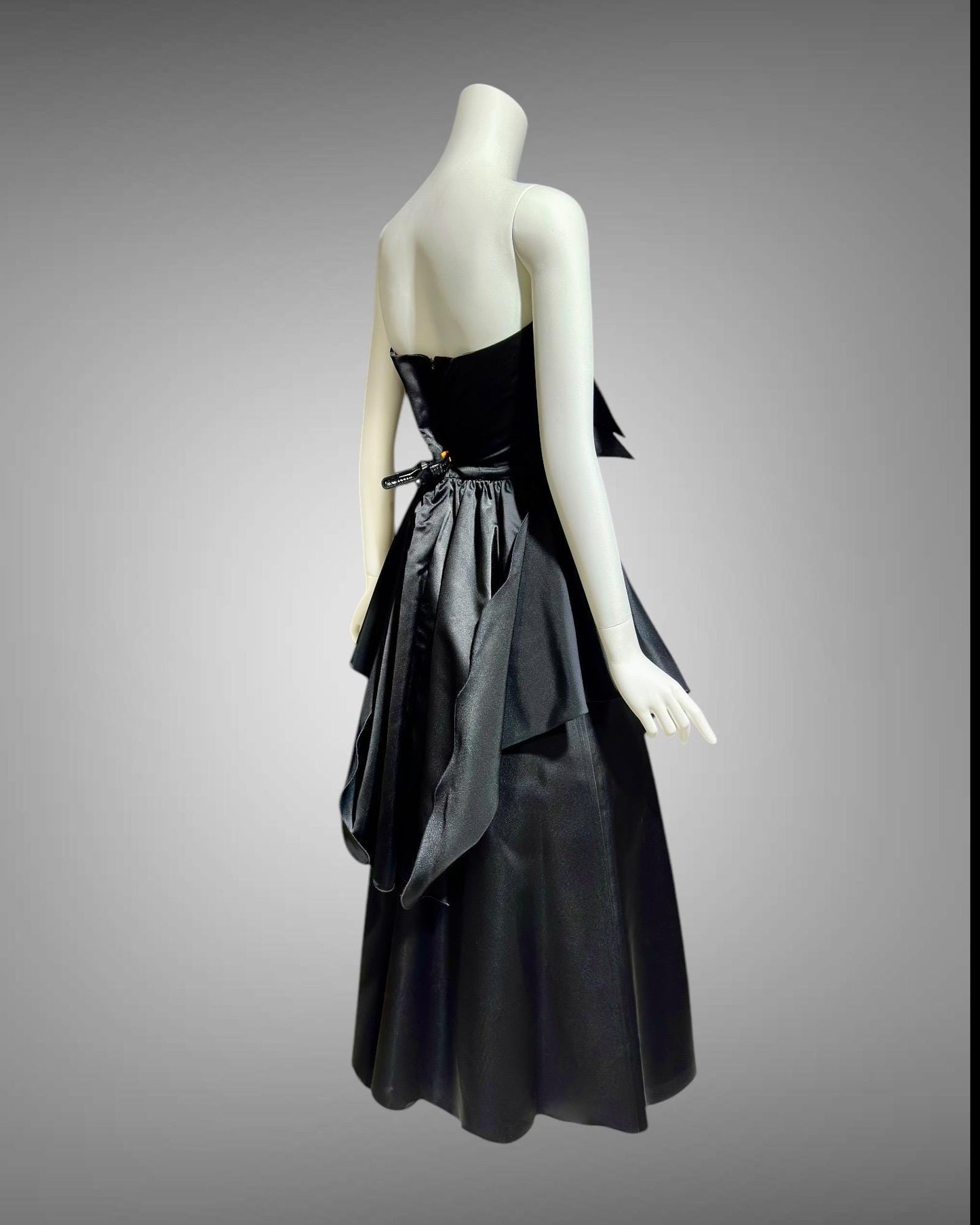 HOLLY HARP vintage 1980s evening ball gown, Black satin architectural peplum party dress