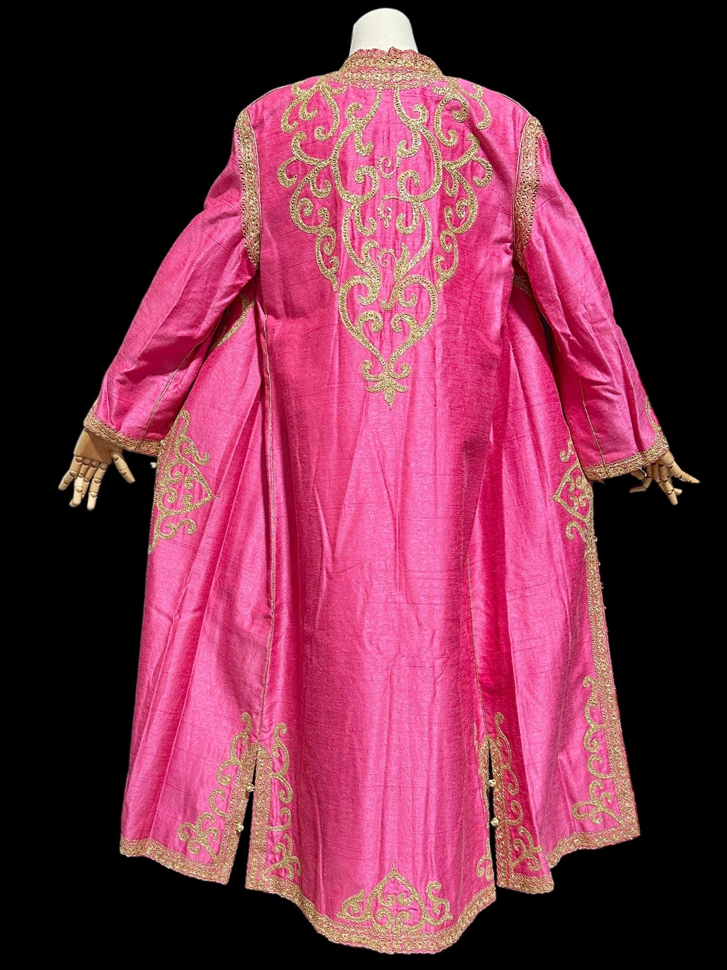 MOURJANA vintage 1960s raw silk Moroccan caftan dress, Hand Made Hot Pink and gold metallic embroidered Kaftan