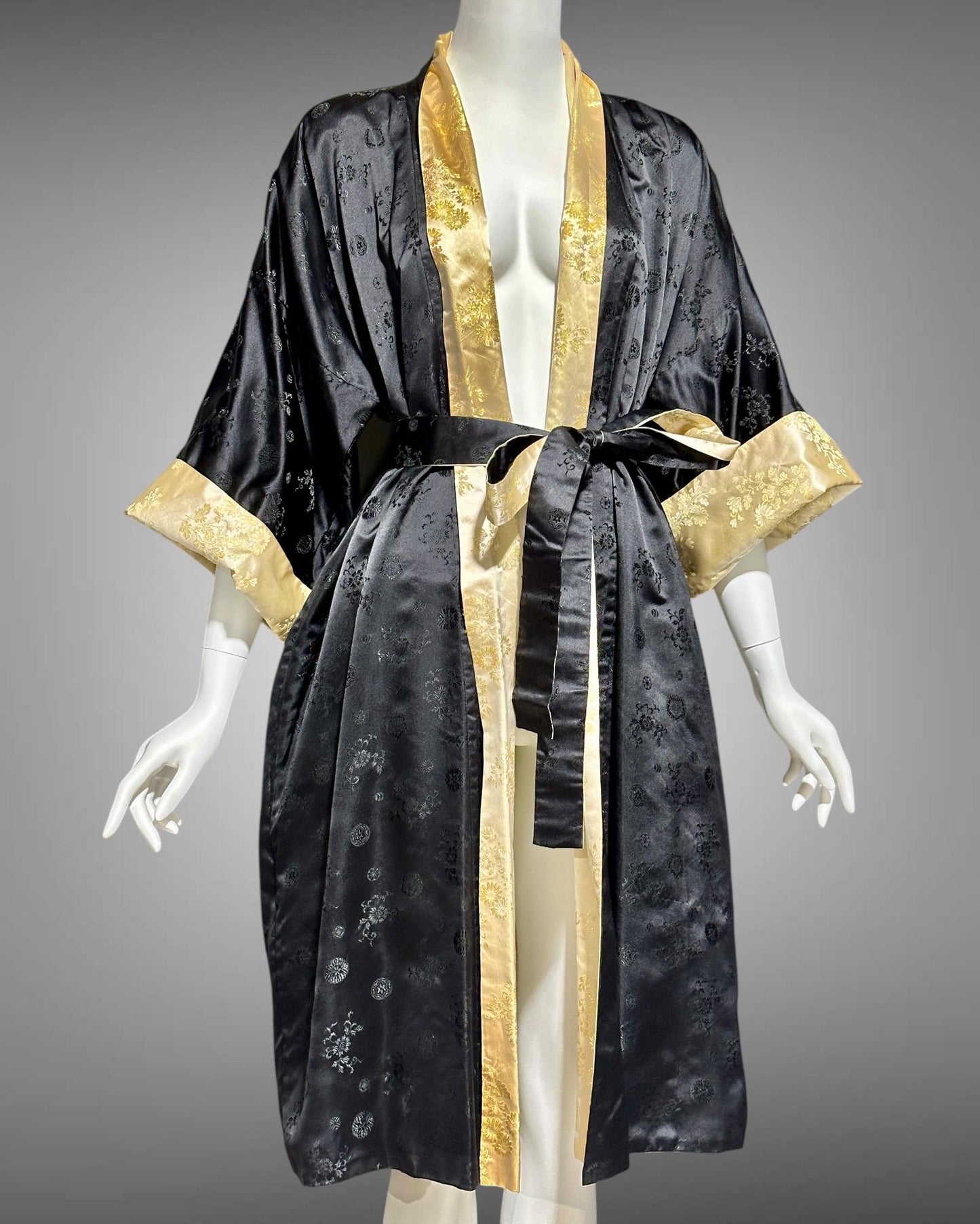 HAYASHI vintage 1960s evening coat, Reversible Gold Black Silk Satin Japanese duster opera coat